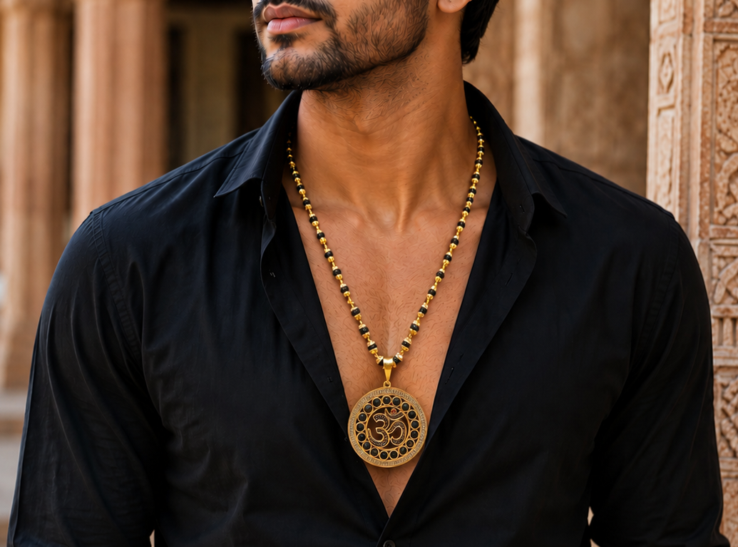 Om Rudraksh  Pendant with Designer Gold Plated  Rudraksh Mala For Men's